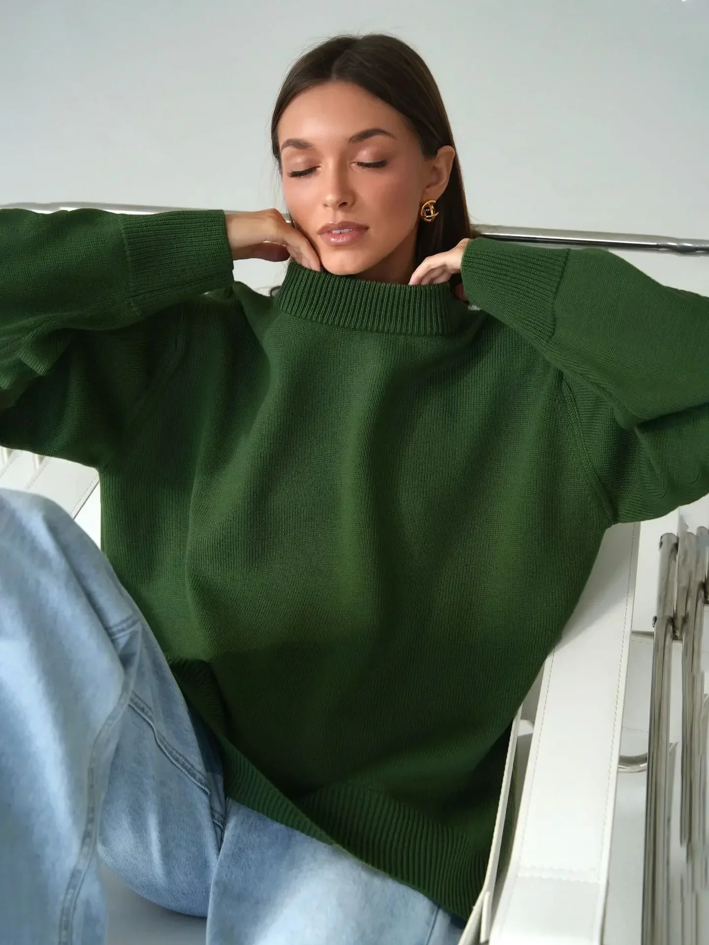 Damski gruby sweter oversize z dzianiny na zimę Ciemnozielony