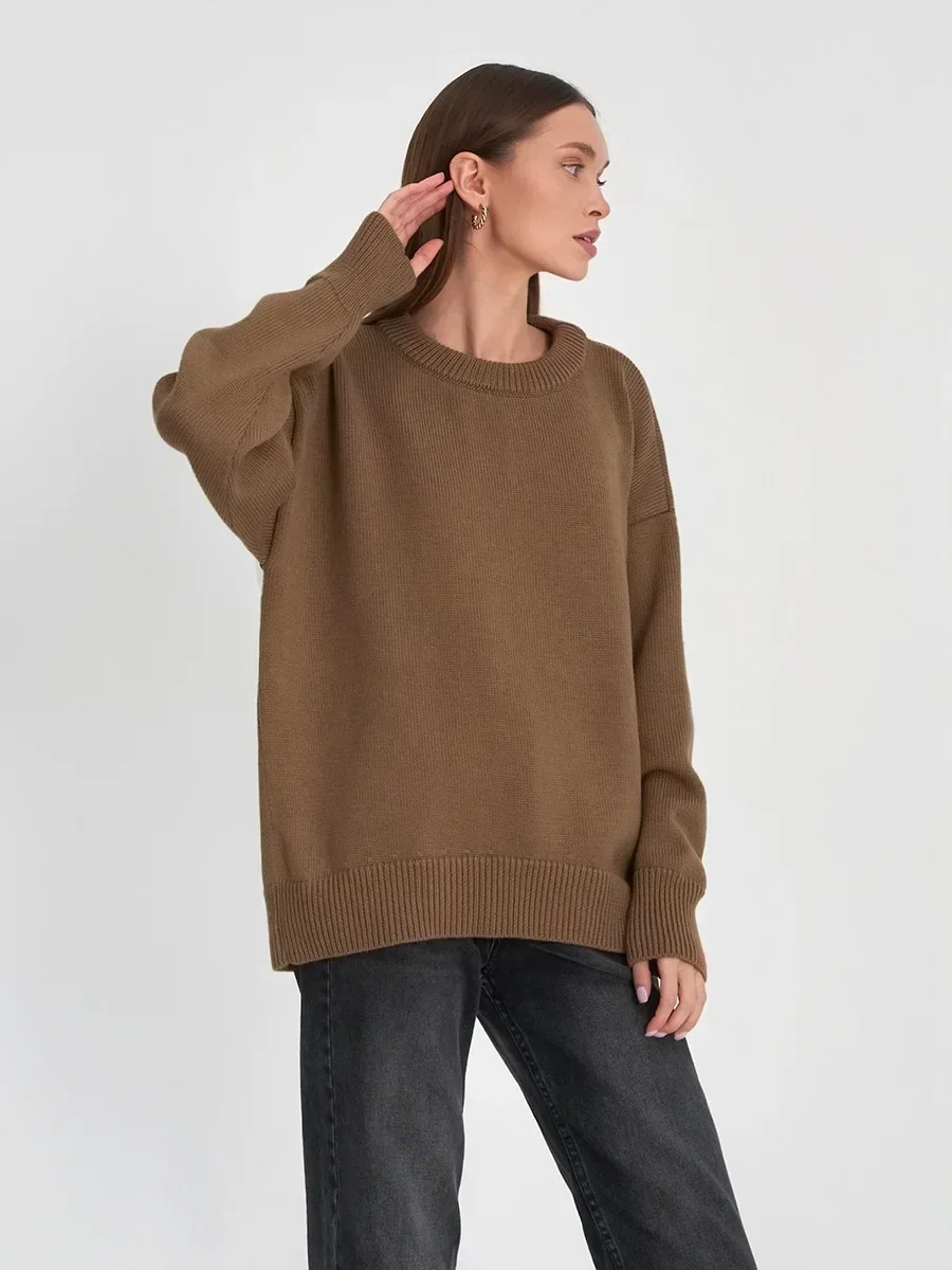 Damski gruby sweter oversize z dzianiny na zimę Ciemny brąz
