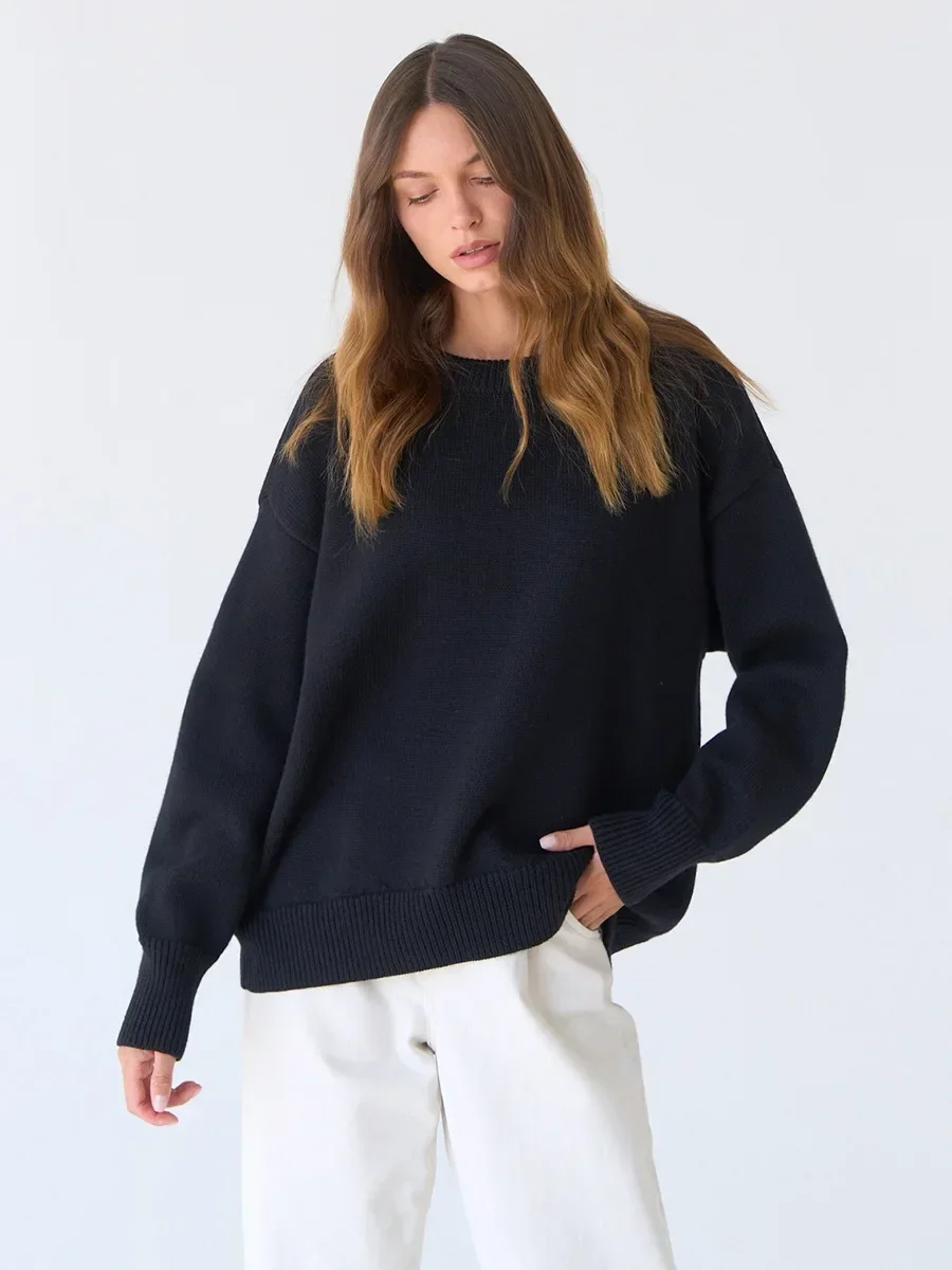 Damski gruby sweter oversize z dzianiny na zimę Czarny