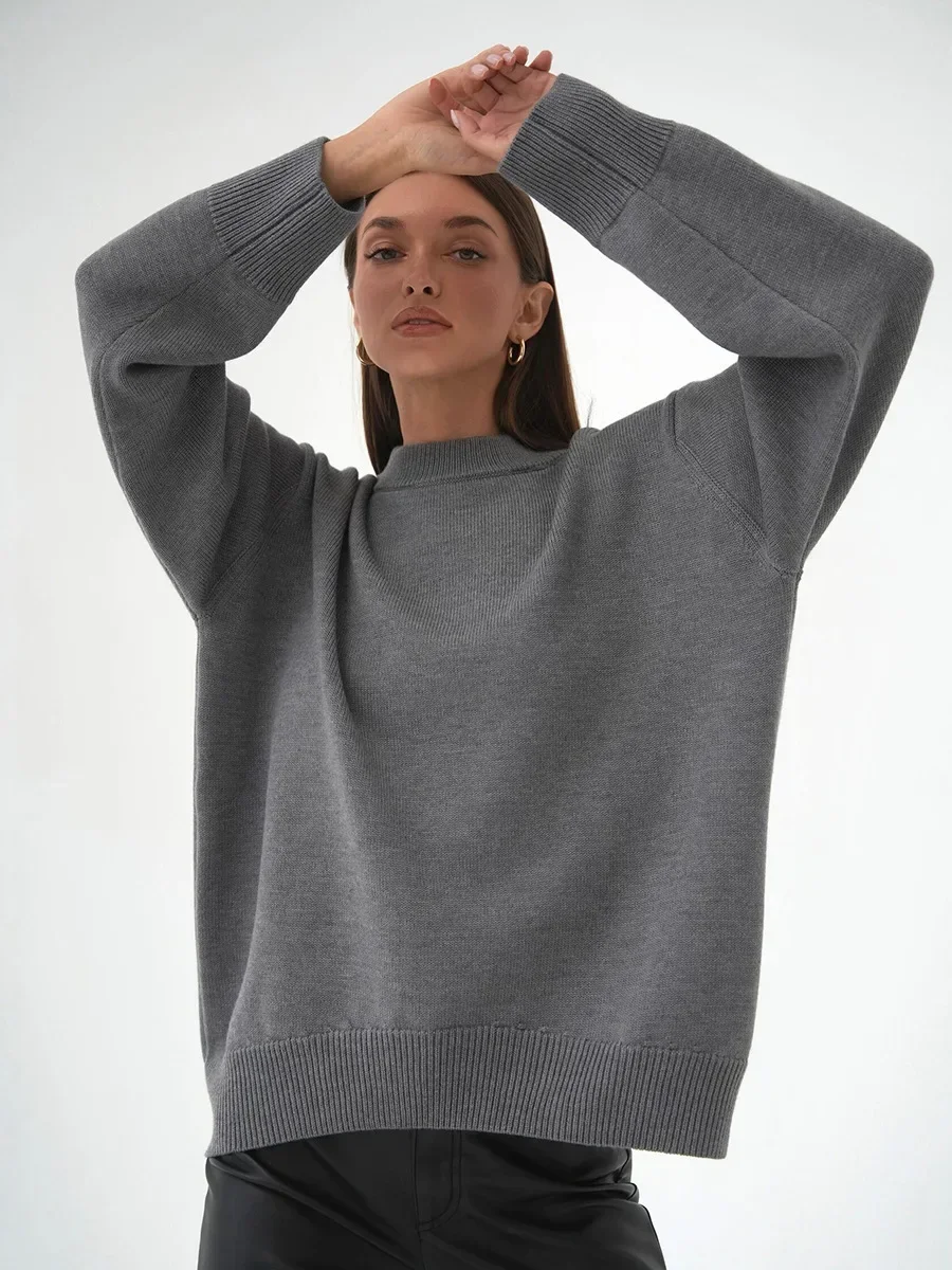 Damski gruby sweter oversize z dzianiny na zimę Szary