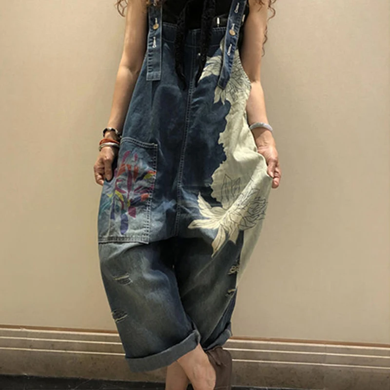 Damski jeansowy kombinezon z szerokimi nogawkami w stylu vintage Niebieski