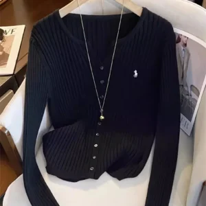Damski dzianinowy kardigan z haftem w stylu Y2K Czarny
