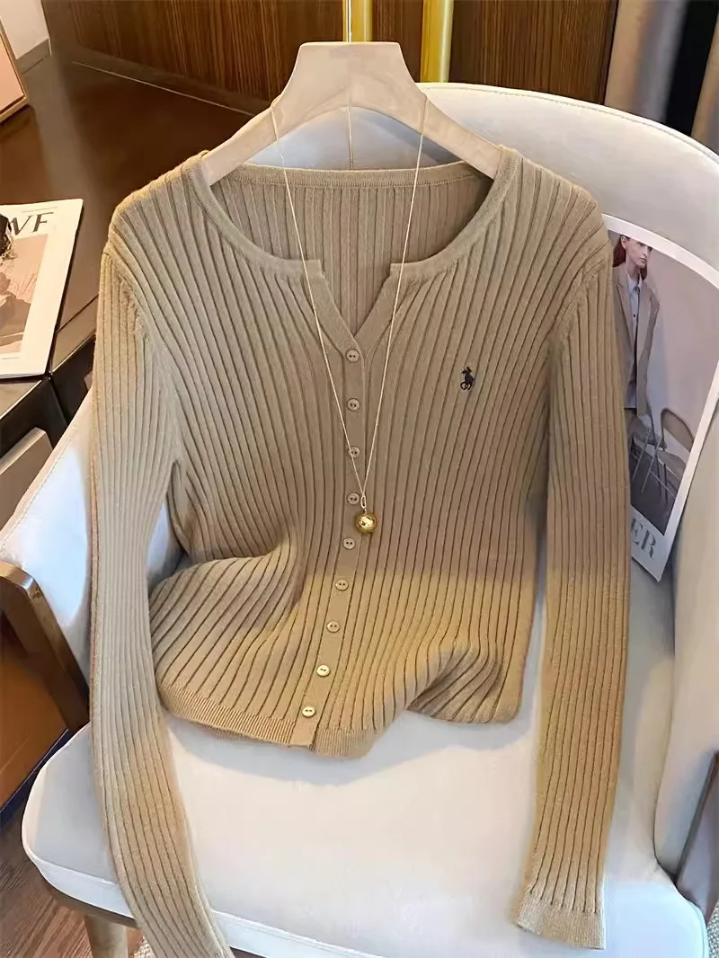 Damski dzianinowy kardigan z haftem w stylu Y2K Khaki