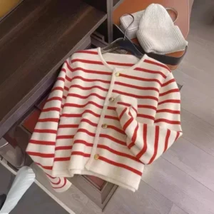 Damski sweter rozpinany w paski - kardigan oversize z długim rękawem Czerwony