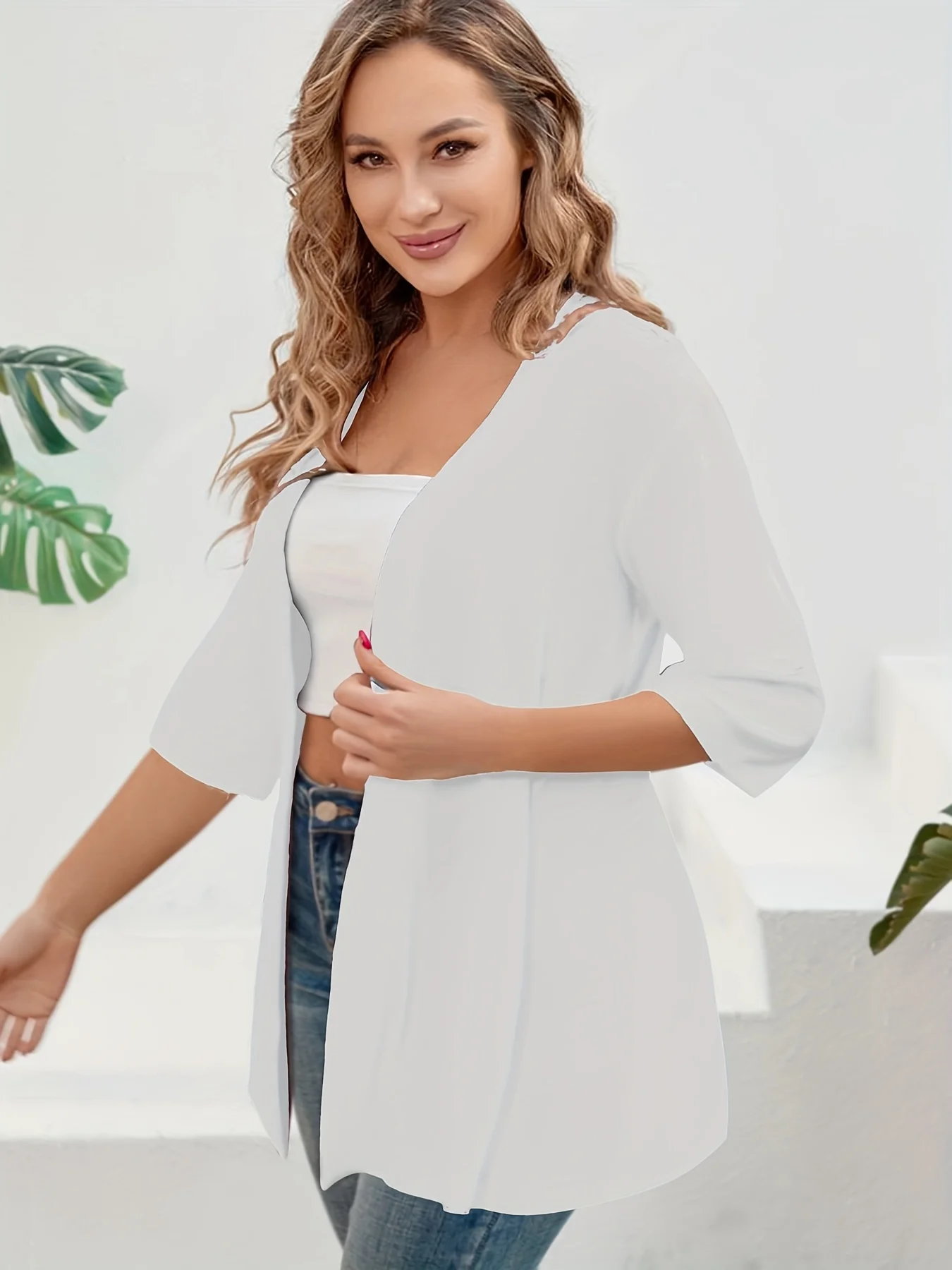 Elegancki damski kardigan plus size z rękawem 3/4 Biały