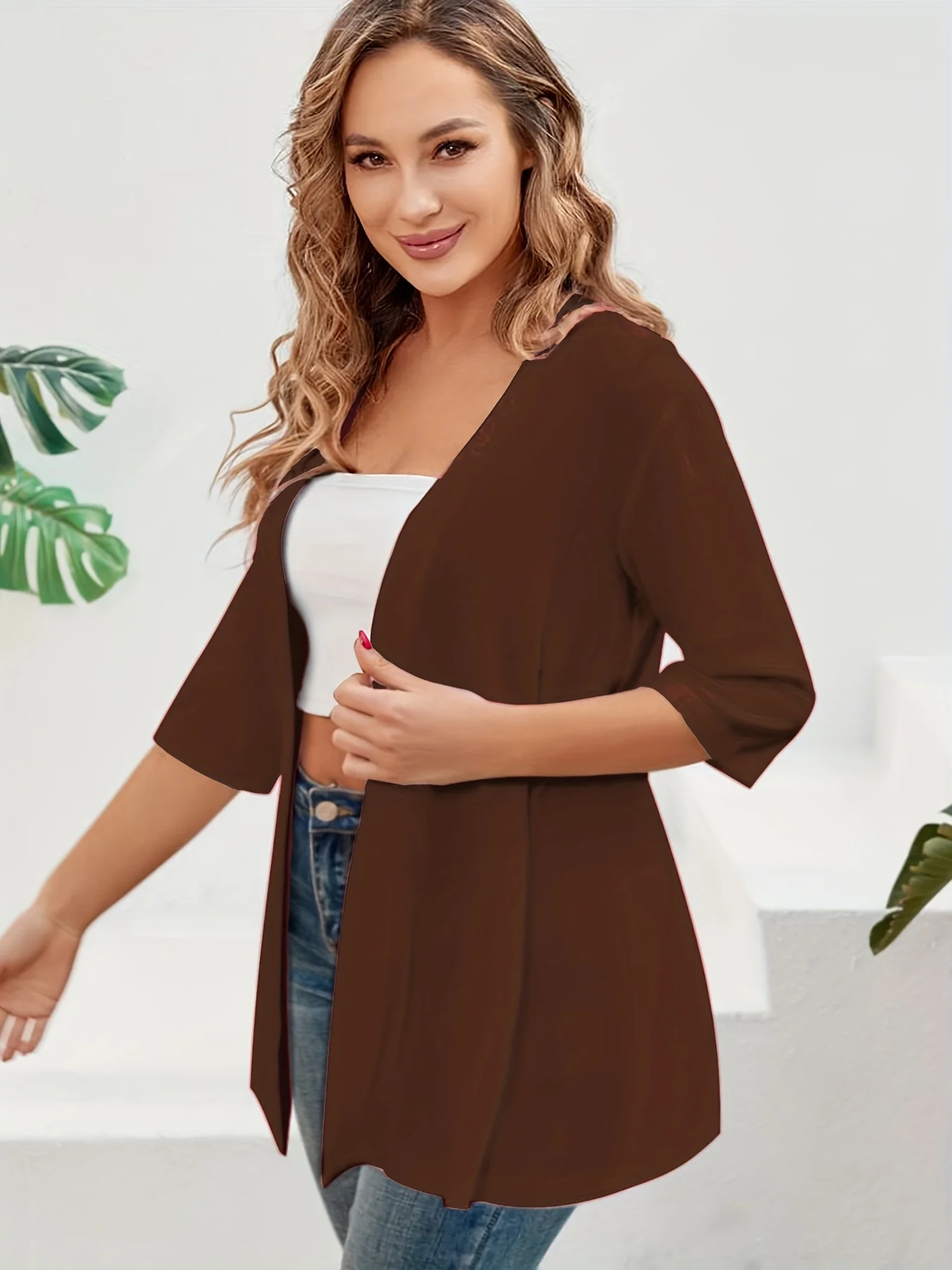 Elegancki damski kardigan plus size z rękawem 3/4 Brązowy