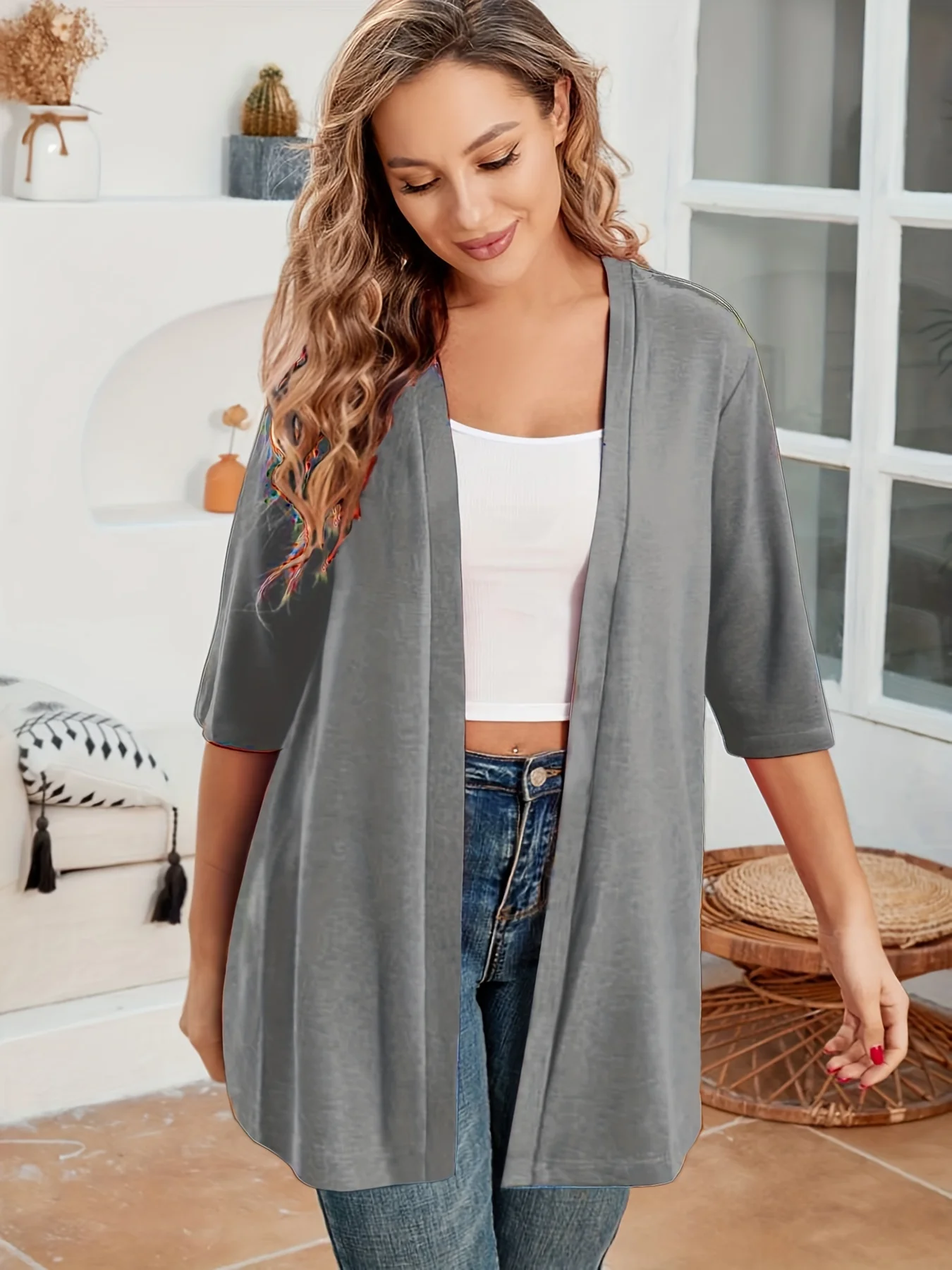 Elegancki damski kardigan plus size z rękawem 3/4 Ciemnoszary