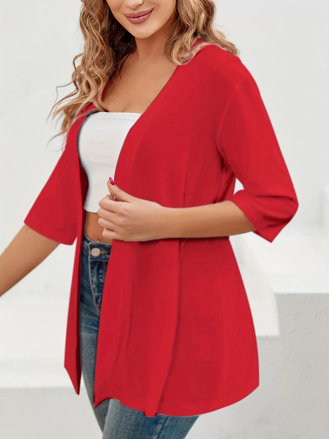 Elegancki damski kardigan plus size z rękawem 3/4 Czerwony