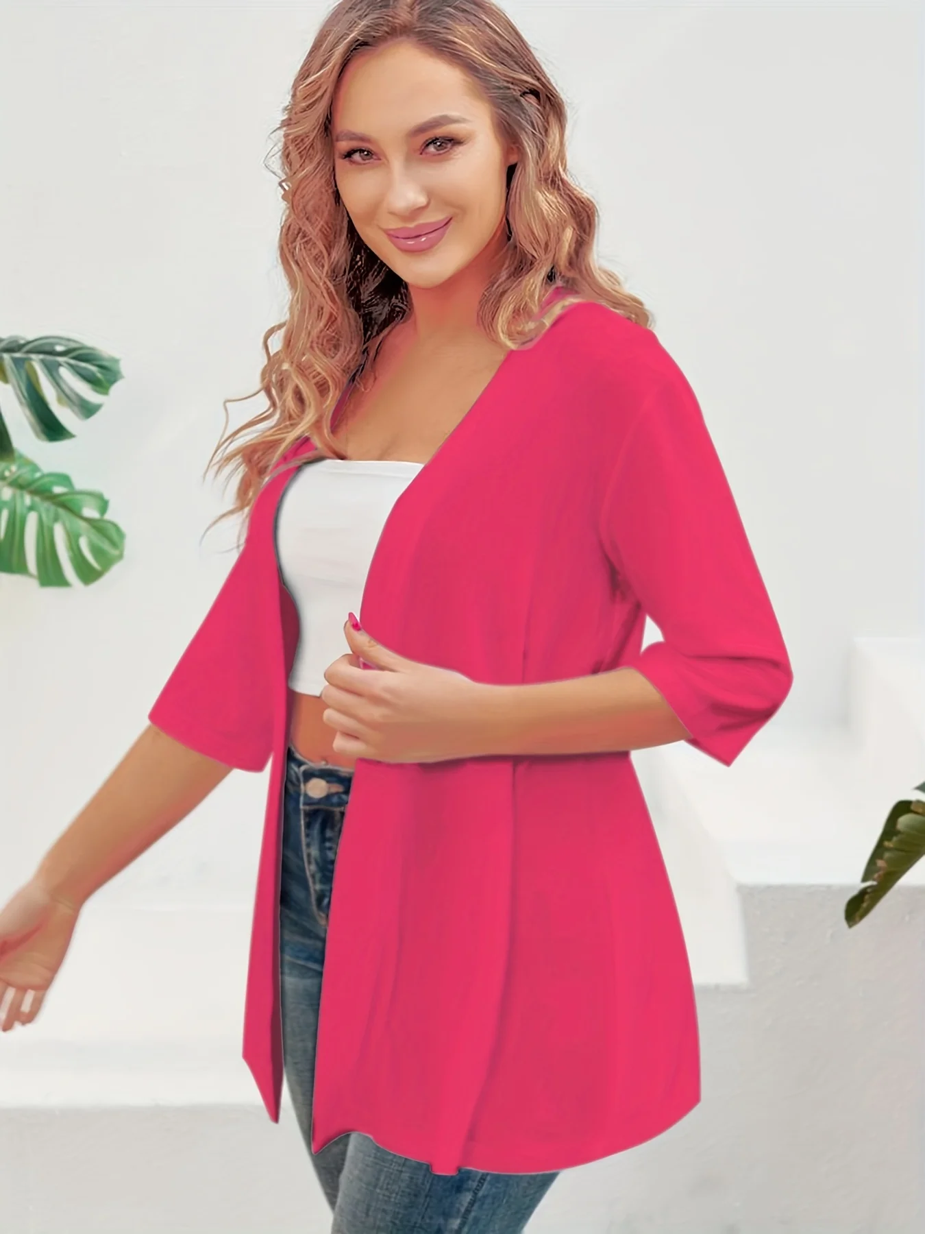 Elegancki damski kardigan plus size z rękawem 3/4 Amarantowy
