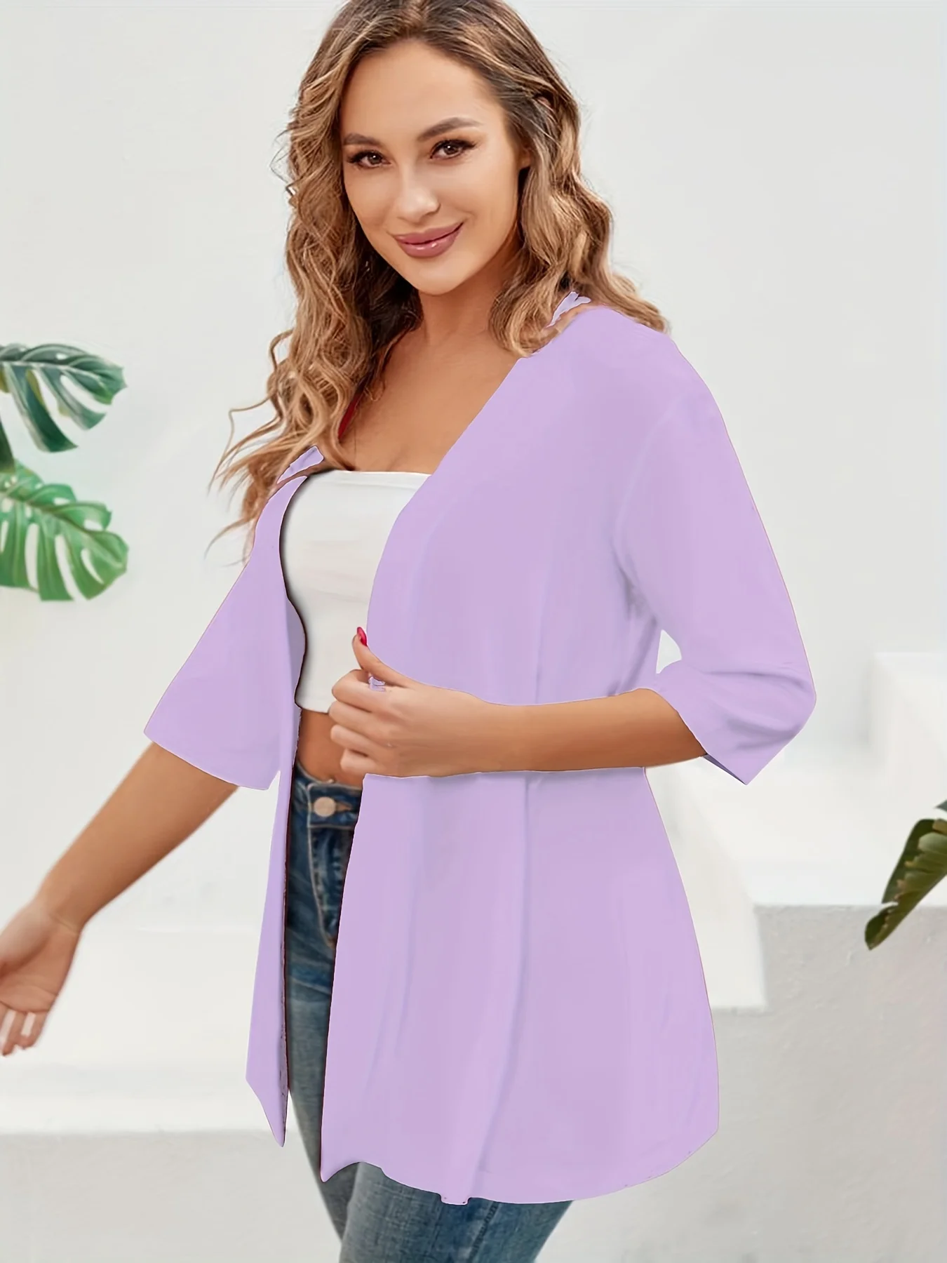 Elegancki damski kardigan plus size z rękawem 3/4 Fioletowy