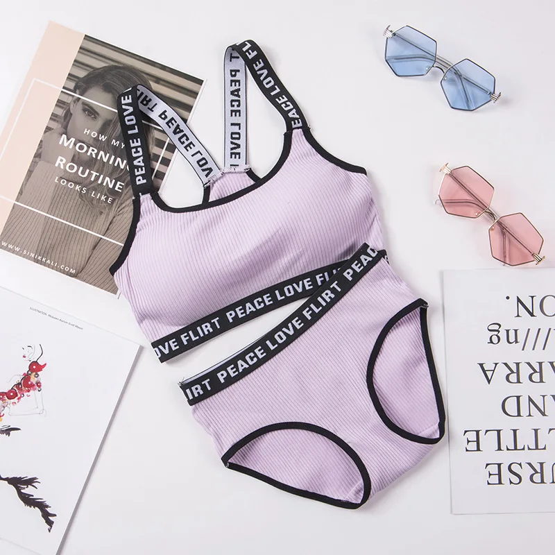 Damski komplet bielizny bawełnianej w paski bralette z majtkami Fioletowy
