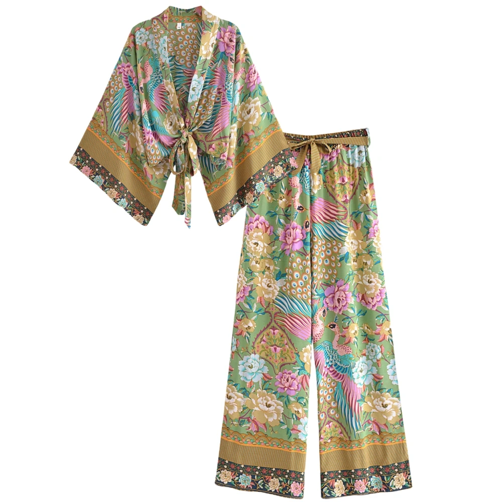 Damski komplet boho: kimono i szerokie spodnie Zielony
