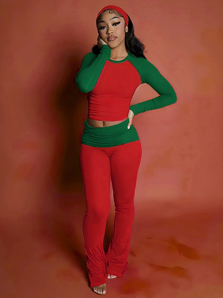 Damski komplet dwuczęściowy crop top i spodnie Ciemnozielony