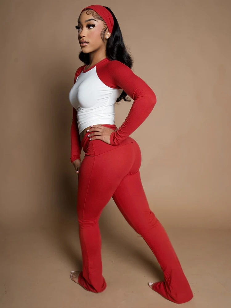 Damski komplet dwuczęściowy crop top i spodnie Czerwony