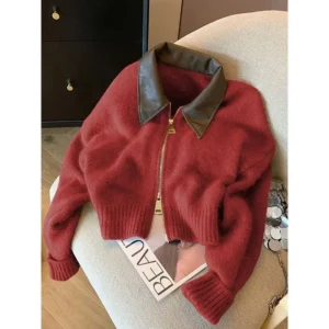 Damski krótki sweter rozpinany na zamek, dopasowany Czerwony