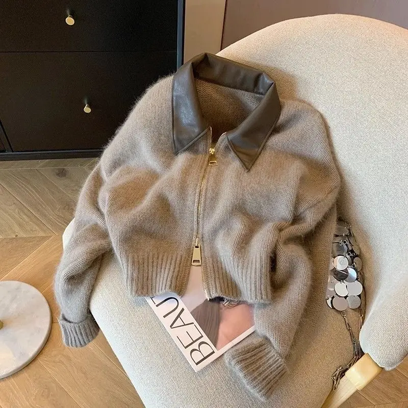 Damski krótki sweter rozpinany na zamek, dopasowany Jak na zdjęciu