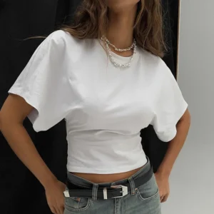 Damski krótki t-shirt crop top z okrągłym dekoltem Biały