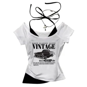 Damski krótki t-shirt z nadrukiem retro auto 64796