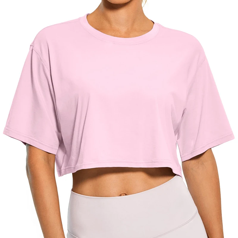 Damski krótki top crop tee z okrągłym dekoltem na lato Różowy