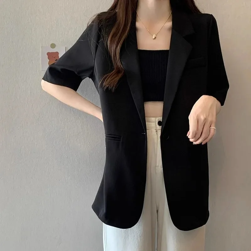 Damski letni żakiet z krótkim rękawem w stylu koreańskim Czarny