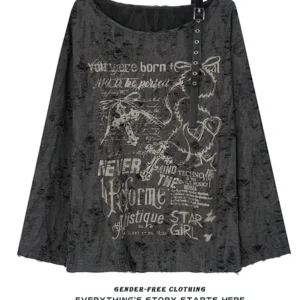 Damski oversize T-shirt z długim rękawem i nadrukiem w stylu Y2K Czarny