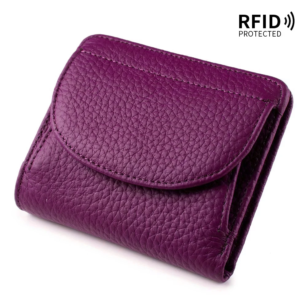 Damski portfel skórzany mini z ochroną RFID Ciemnofioletowy