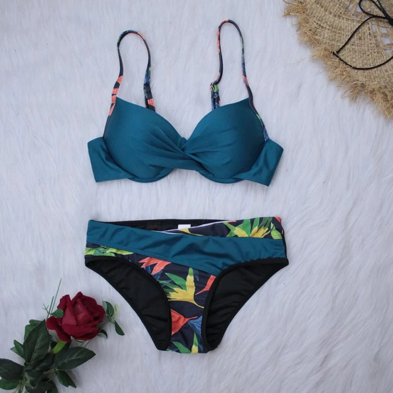 Damski strój kąpielowy bikini push-up we wzór liści Ciemnozielony