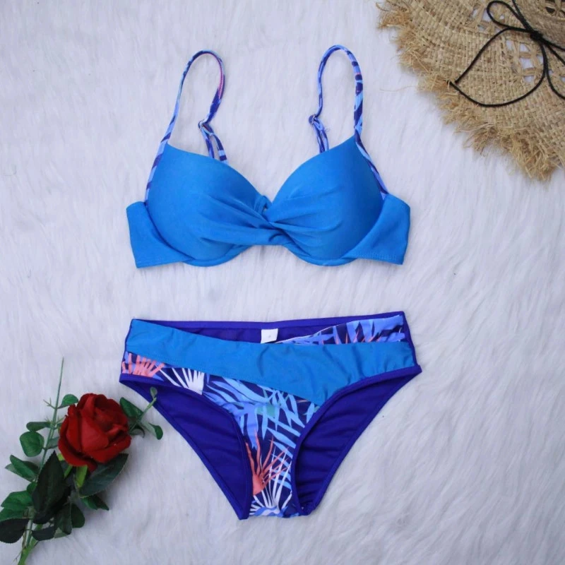 Damski strój kąpielowy bikini push-up we wzór liści Niebieski