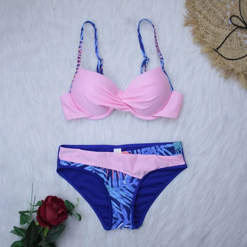 Damski strój kąpielowy bikini push-up we wzór liści Różowy