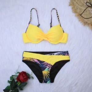 Damski strój kąpielowy bikini push-up we wzór liści żółty