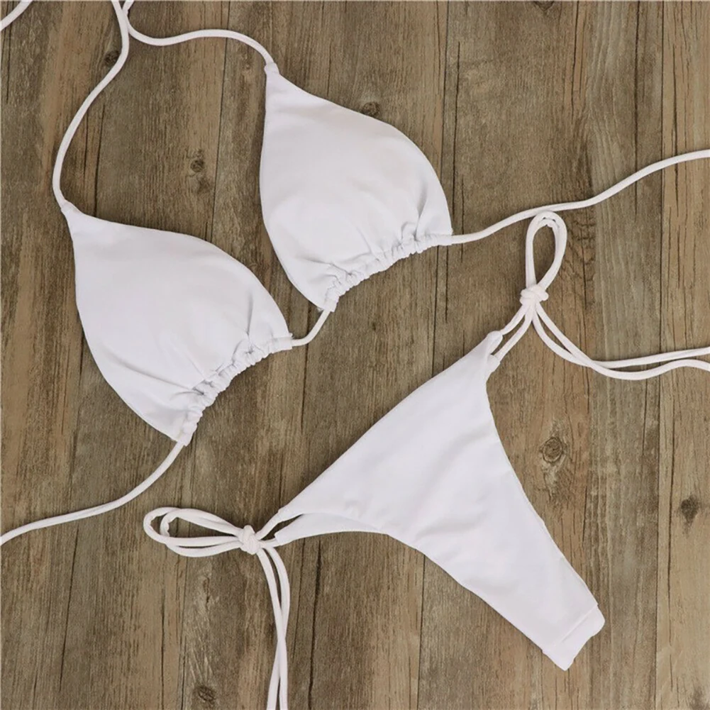 Damski strój kąpielowy bikini z wiązaniem na szyi Biały
