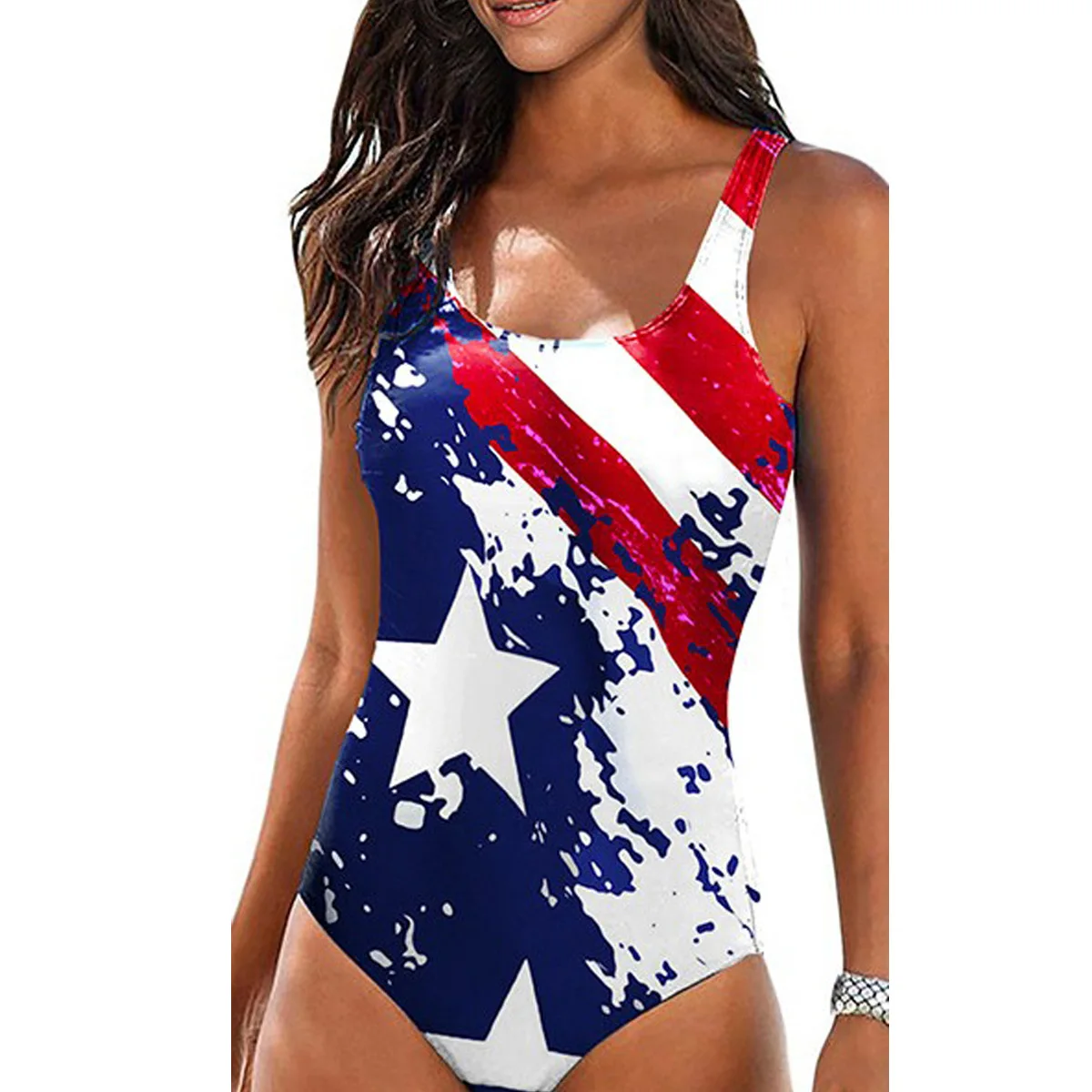 Damski jednoczęściowy strój kąpielowy plus size monokini Stars striped