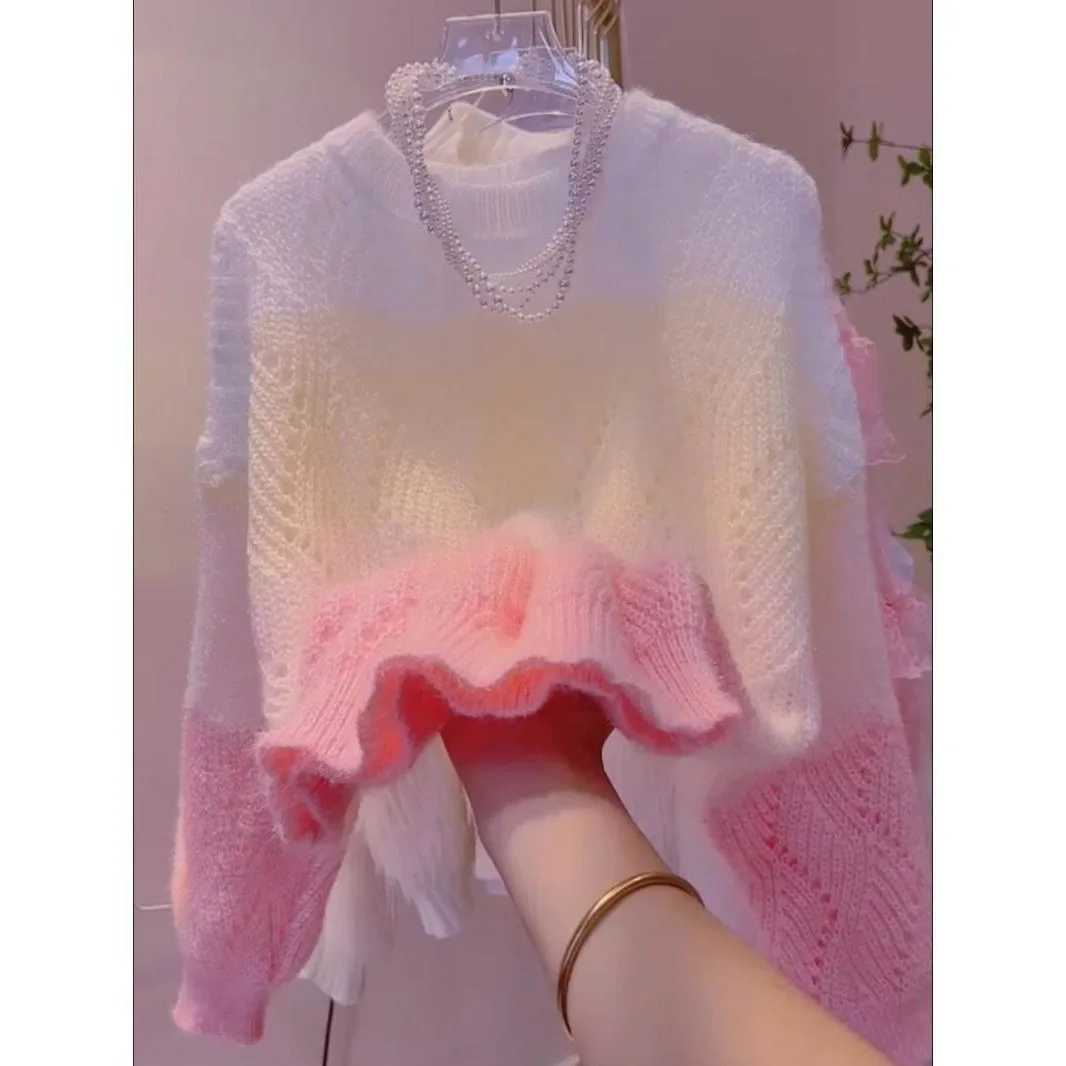 Damski sweter ażurowy w stylu casual Różowy