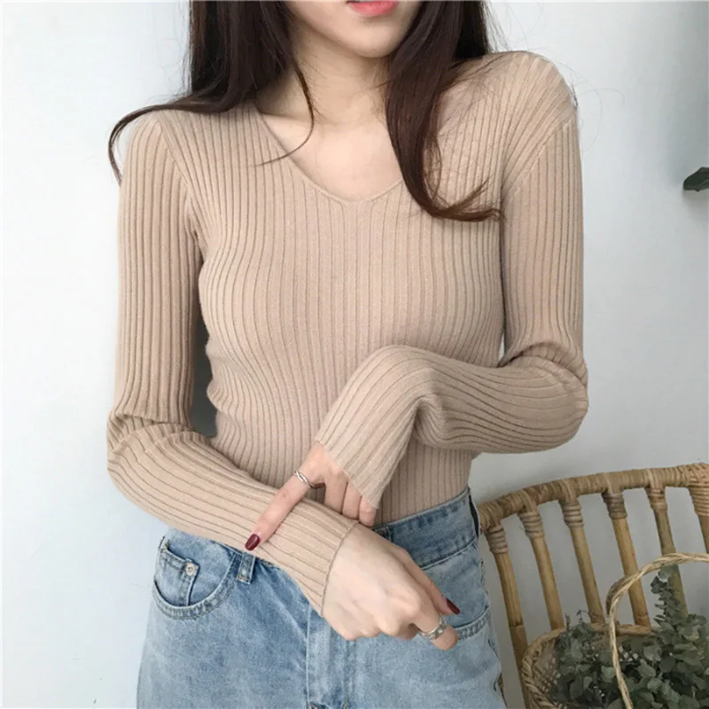 Damski sweter z dekoltem V w koreańskim stylu Khaki