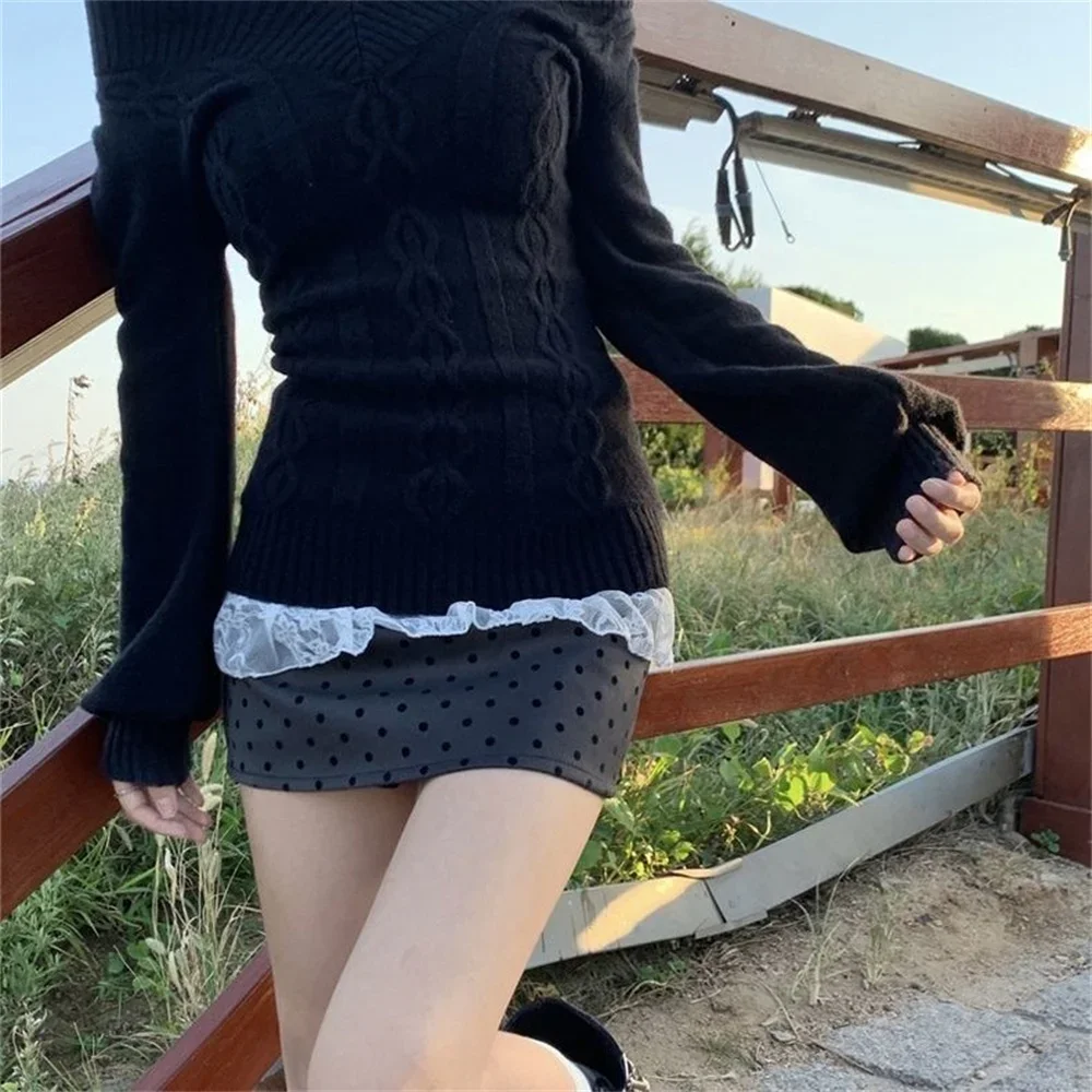 Damski dzianinowy sweter z dekoltem V w stylu vintage Czarny