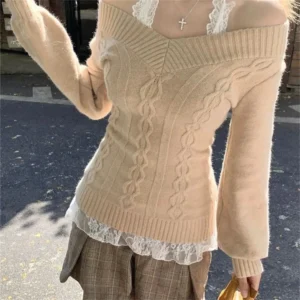 Damski dzianinowy sweter z dekoltem V w stylu vintage Morela