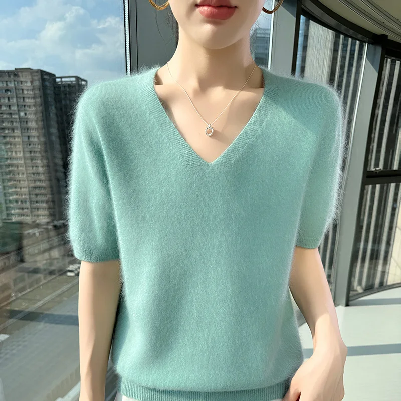 Damski sweter z dekoltem V z miękkiej wełny, krótki rękaw Mięta