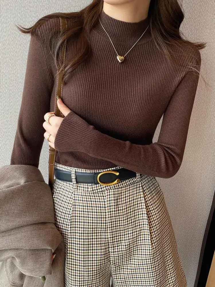 Damski sweter z dzianiny z dekoltem w stylu vintage Brązowy