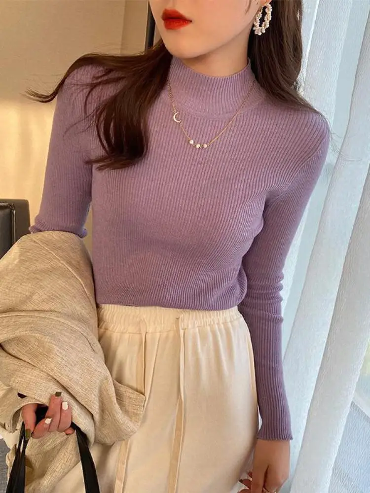 Damski sweter z dzianiny z dekoltem w stylu vintage Lawendowy