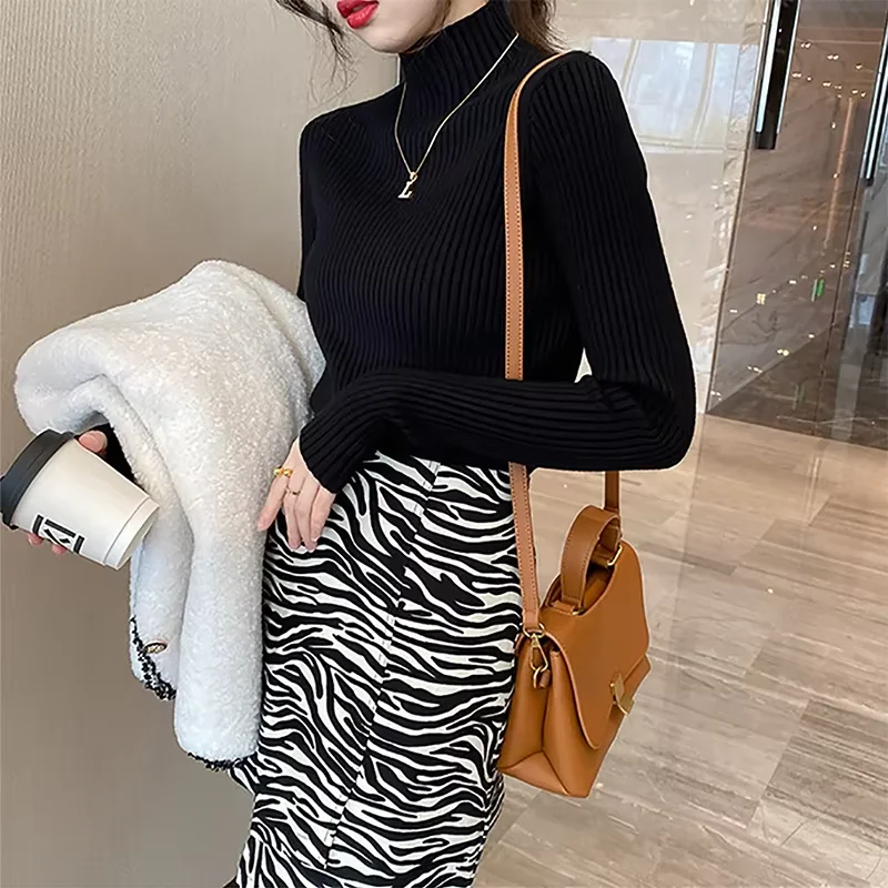 Damski sweter golf z długim rękawem, dopasowany Czarny