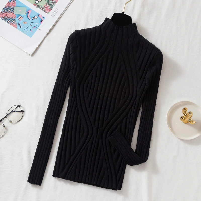 Damski sweter z golfem slim fit Czarny