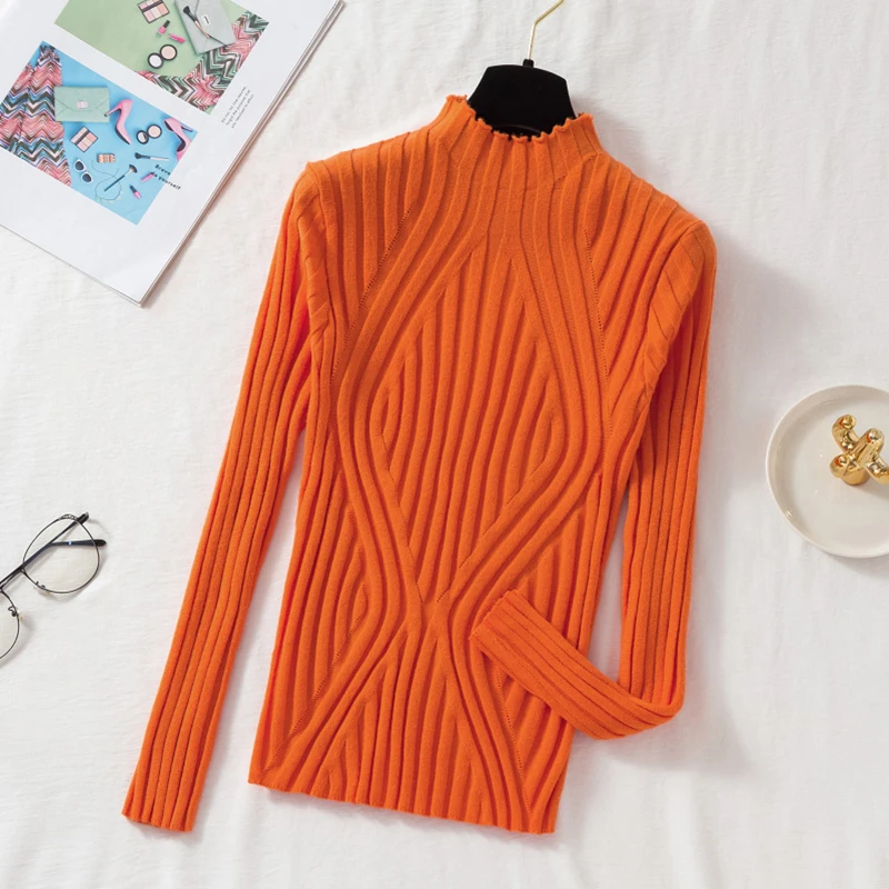 Damski sweter z golfem slim fit Pomarańczowy