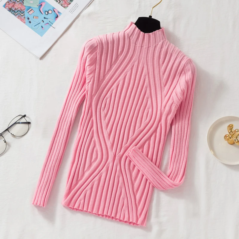 Damski sweter z golfem slim fit Różowy