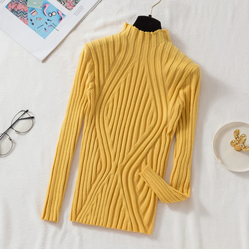 Damski sweter z golfem slim fit żółty