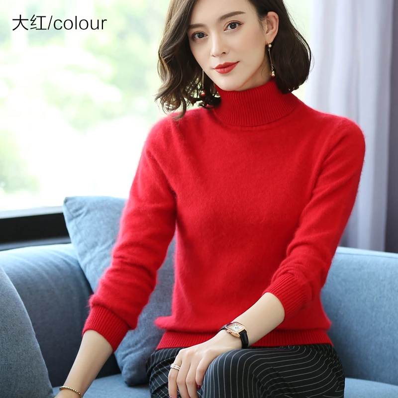 Damski sweter golf z dzianiny kaszmirowej plus size Czerwony