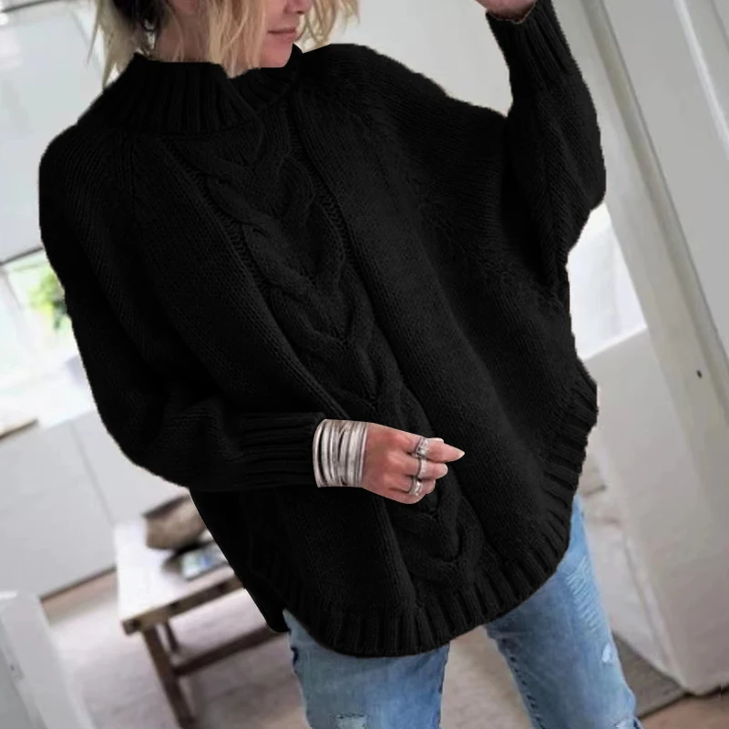 Damski sweter z golfem w stylu vintage, luźny krój Czarny