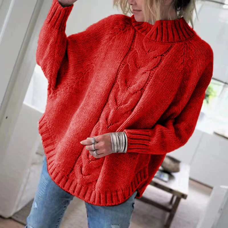 Damski sweter z golfem w stylu vintage, luźny krój Czerwony