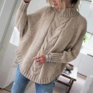 Damski sweter z golfem w stylu vintage, luźny krój Khaki