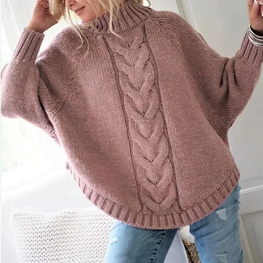 Damski sweter z golfem w stylu vintage, luźny krój Różowy