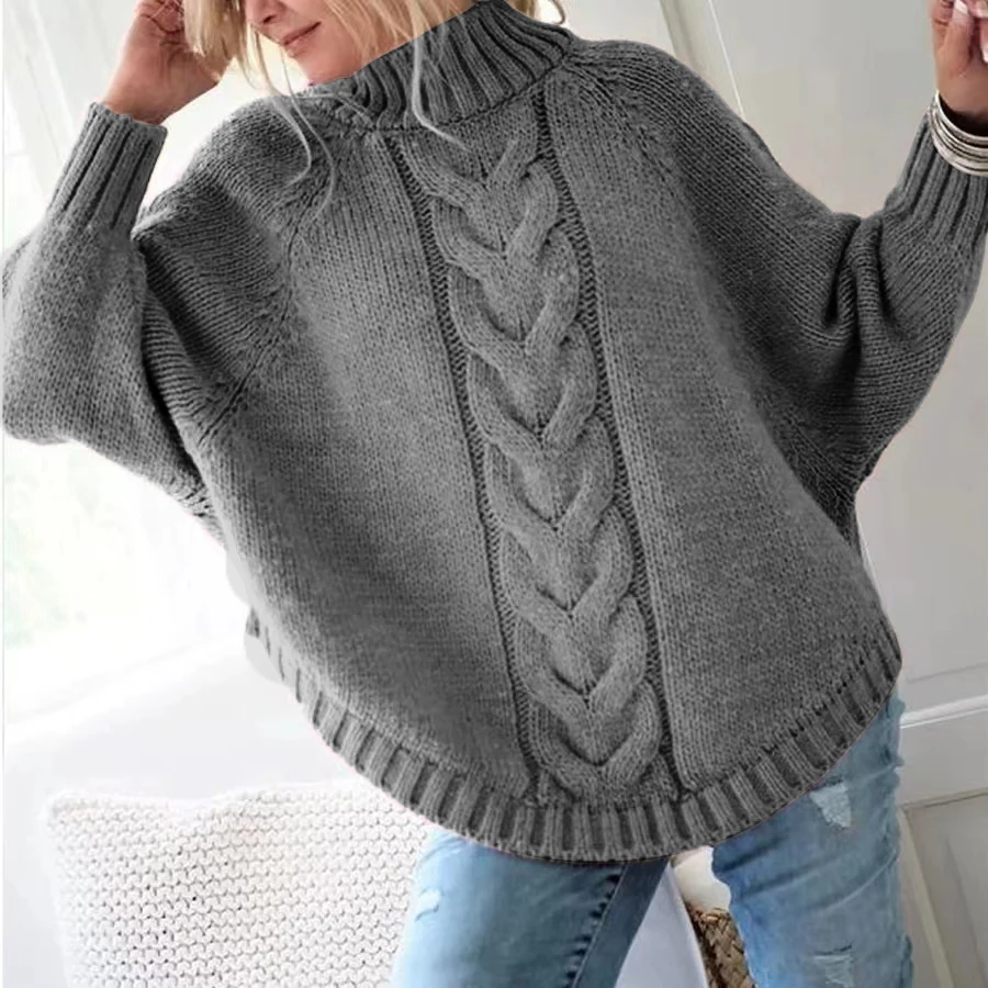 Damski sweter z golfem w stylu vintage, luźny krój Szary